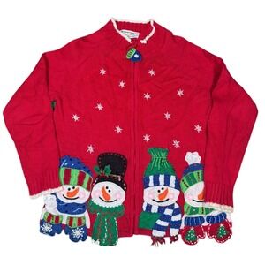 Tiara International Christmas Snowman Cardigan Sweater Red Size Small
